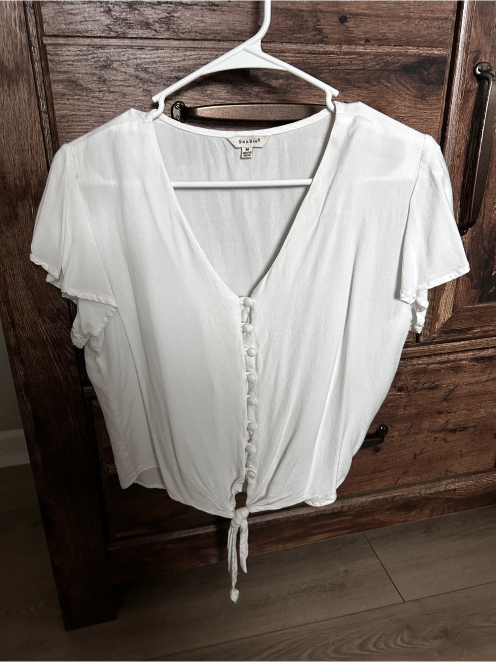 Sim & Sam | White Tie-Front V-Neck Women's Blouse